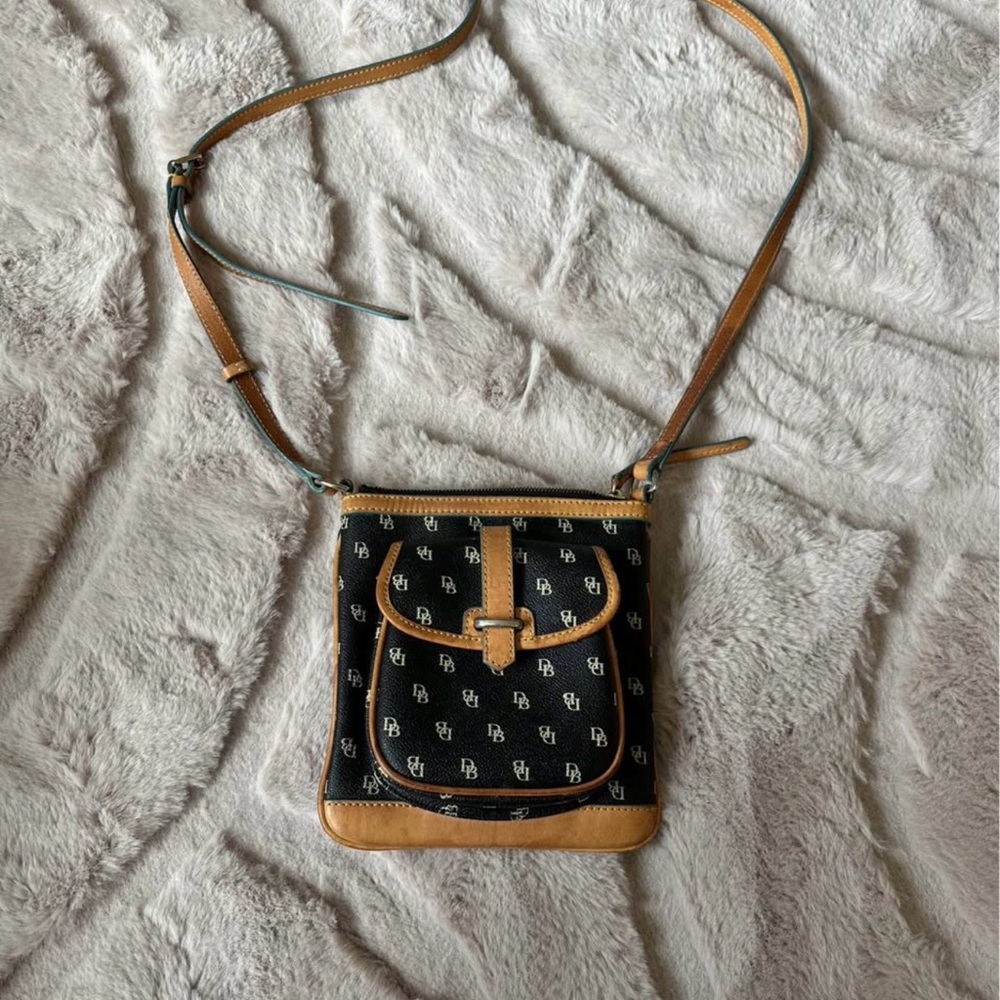 Dooney & Bourke Black Signature Crossbody with Tan Trim and Adjustable Strap